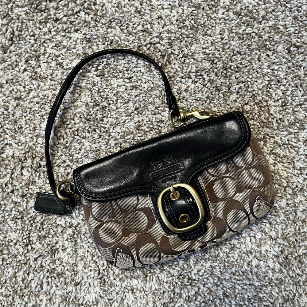 Coach Brown Signature Canvas Mini Wristlet with Black Leather Trim